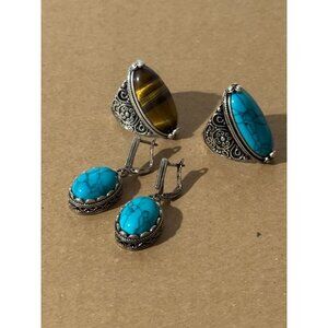 Beonon Tiger  Eye Natural Gemstone  Sterling Silver Jewelry Ring & Ear Ring Set